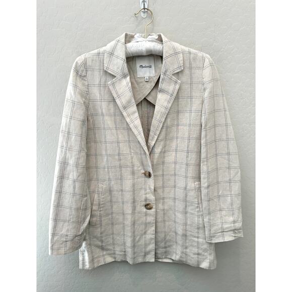 MADEWELL Cream Plaid Linen Blend Blazer Windowpane Check Lightweight Jacket | XS - Picture 1 of 7